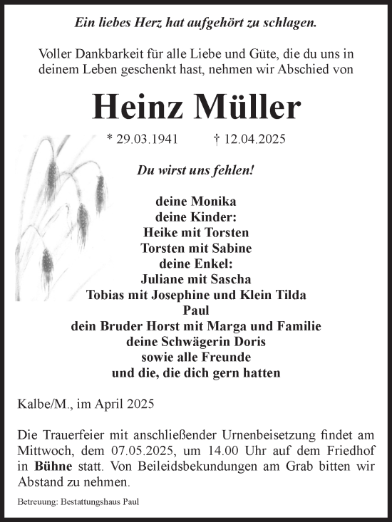 Traueranzeige von Heinz Müller von Volksstimme Altmark West