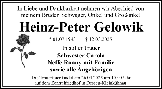 Traueranzeige von Heinz-Peter Gelowik von Mitteldeutsche Zeitung Dessau-Roßlau