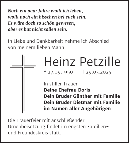Traueranzeige von Heinz Petzille von Trauerkombi Wittenberg