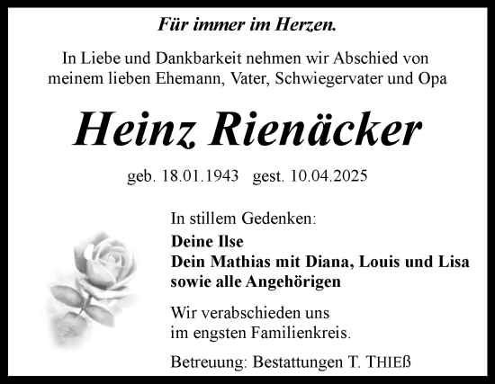Traueranzeige von Heinz Rienäcker von Volksstimme Wernigerode