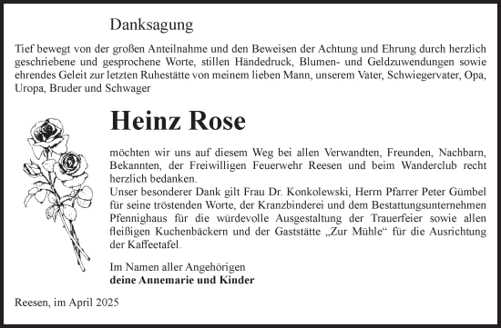 Traueranzeige von Heinz Rose von Volksstimme Burg/Genthin