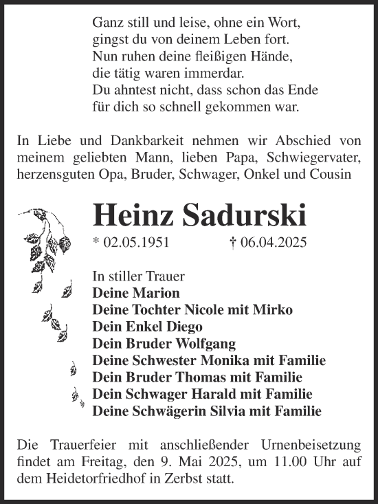 Traueranzeige von Heinz Sadurski von Volksstimme Zerbst