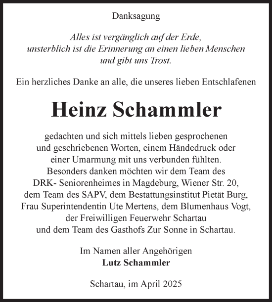 Traueranzeige von Heinz Schammler von Volksstimme Burg/Genthin