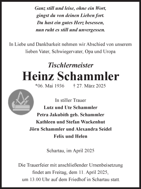 Traueranzeige von Heinz Schammler von Volksstimme Burg/Genthin