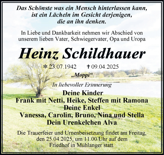 Traueranzeige von Heinz Schildhauer von Trauerkombi Wittenberg