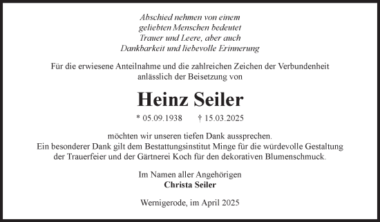 Traueranzeige von Heinz Seiler von Volksstimme Oschersleben/Wanzleben