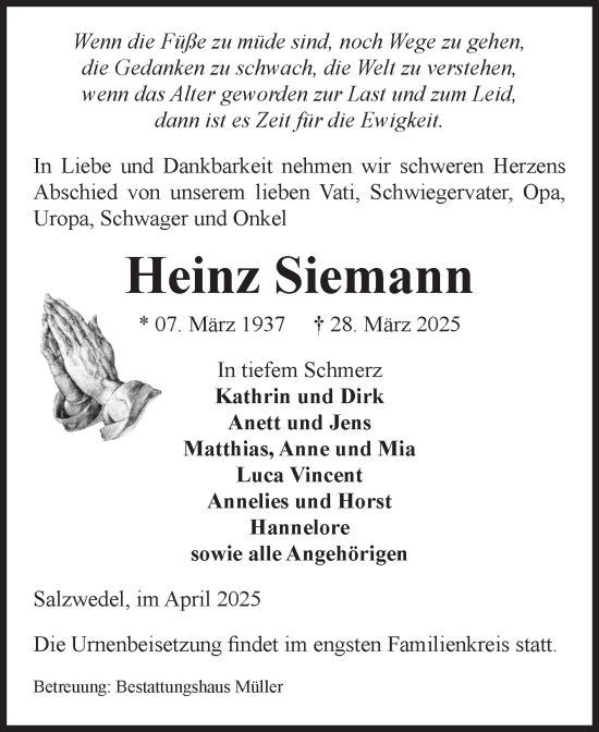 Traueranzeige von Heinz Siemann von Volksstimme Altmark West