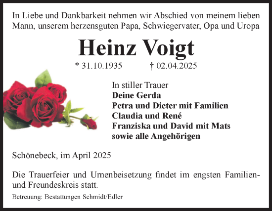 Traueranzeige von Heinz Voigt von Volksstimme Schönebeck