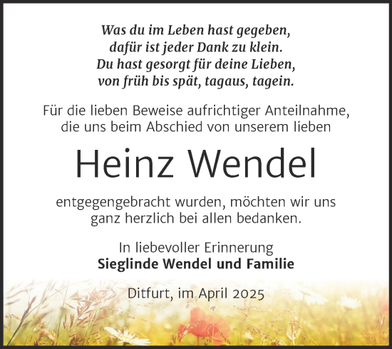 Traueranzeige von Heinz Wendel von Trauerkombi Quedlinburg