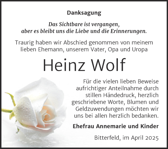 Traueranzeige von Heinz Wolf von Trauerkombi Bitterfeld