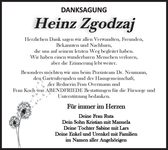 Traueranzeige von Heinz Zgodzaj von Volksstimme Haldensleben/Wolmirstedt