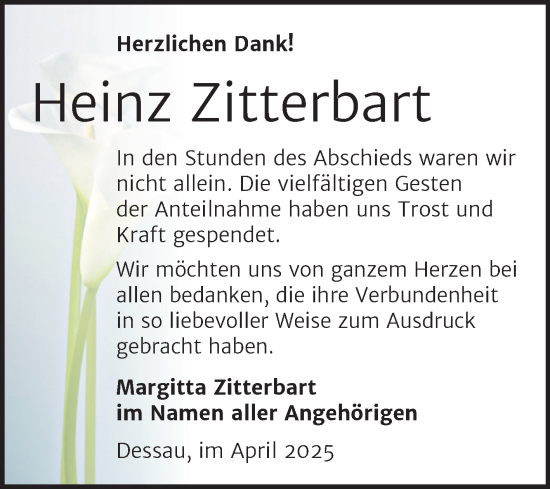 Traueranzeige von Heinz Zitterbart von Trauerkombi Dessau