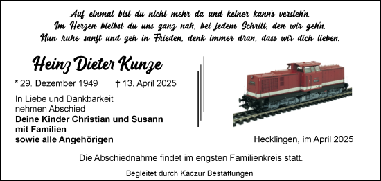 Traueranzeige von Heinz Dieter Kunze von Volksstimme Staßfurt