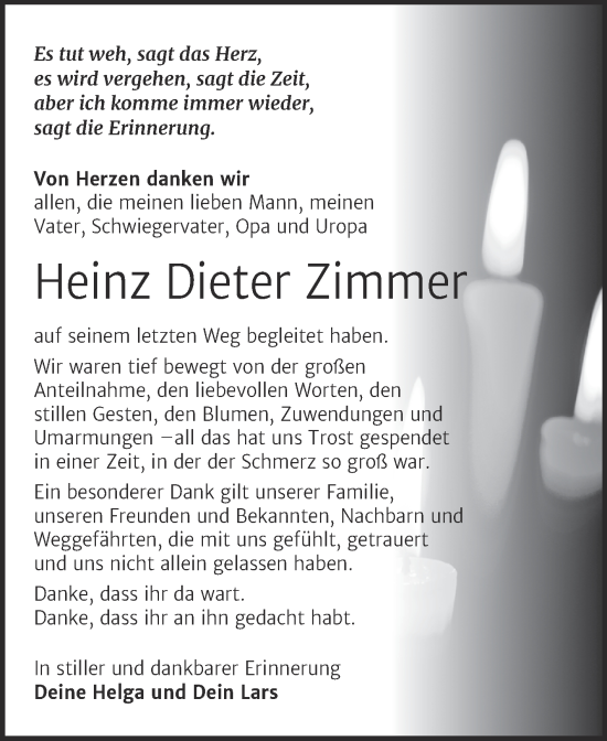 Traueranzeige von Heinz Dieter Zimmer von Trauerkombi Bitterfeld