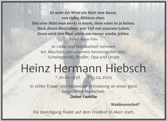 Traueranzeige von Heinz Hermann Hiebsch von Trauerkombi Köthen