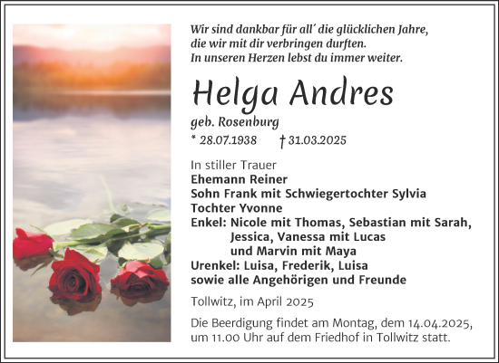 Traueranzeige von Helga Andres von Trauerkombi Merseburg