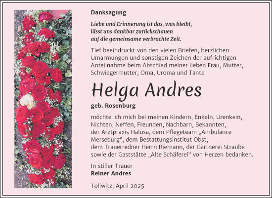 Traueranzeige von Helga Andres von Trauerkombi Merseburg