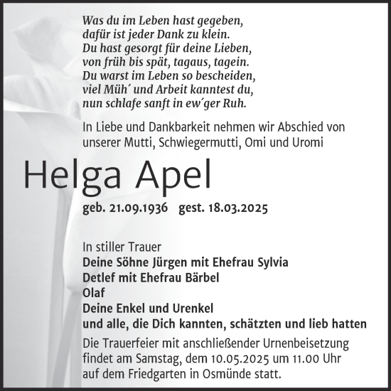 Traueranzeige von Helga Apel von Mitteldeutsche Zeitung Halle/Saalkreis