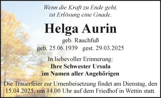 Traueranzeige von Helga Aurin von Mitteldeutsche Zeitung Halle/Saalkreis