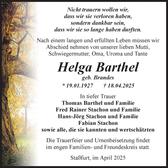 Traueranzeige von Helga Barthel von Volksstimme Staßfurt