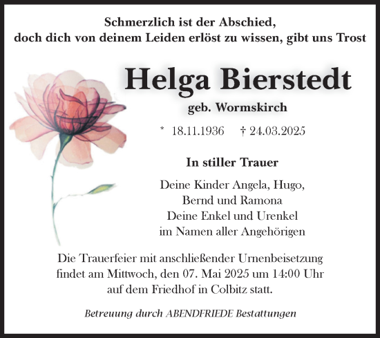 Traueranzeige von Helga Bierstedt von Volksstimme Haldensleben/Wolmirstedt