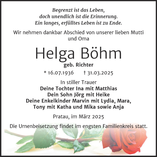 Traueranzeige von Helga Böhm von Trauerkombi Wittenberg
