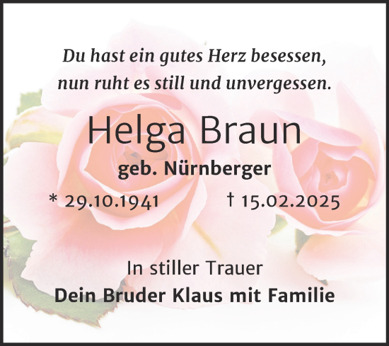 Traueranzeige von Helga Braun von Super Sonntag Naumburg/Nebra