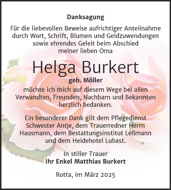 Traueranzeige von Helga Burkert von Trauerkombi Wittenberg