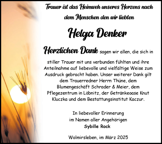 Traueranzeige von Helga Denker von Volksstimme Staßfurt