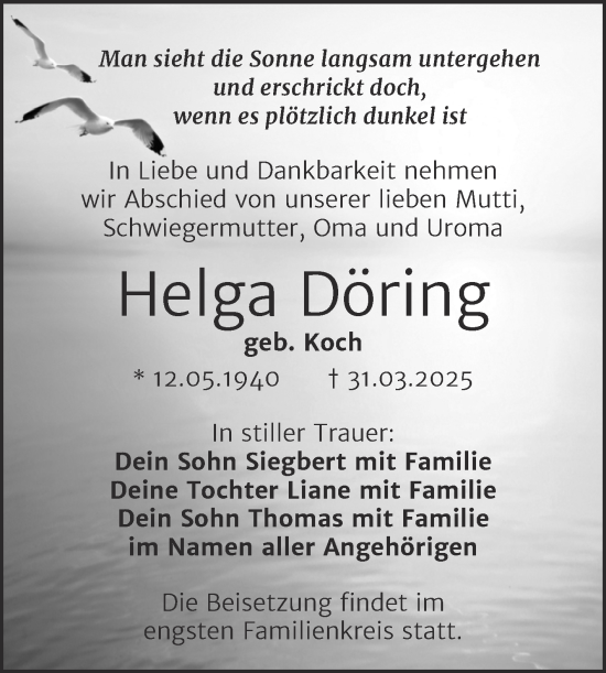 Traueranzeige von Helga Döring von Mitteldeutsche Zeitung Quedlingburg