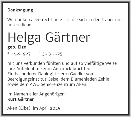 Traueranzeige von Helga Gärtner von Trauerkombi Köthen