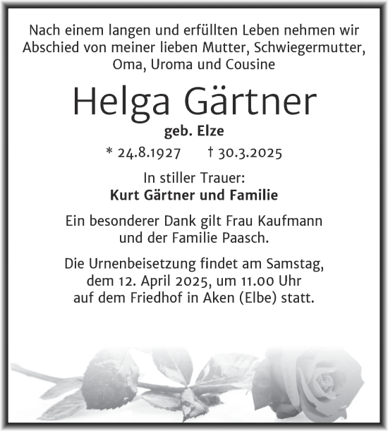 Traueranzeige von Helga Gärtner von Trauerkombi Köthen