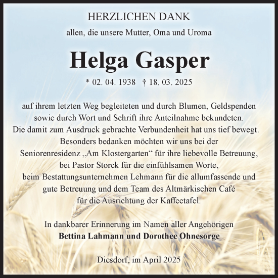 Traueranzeige von Helga Gasper von Volksstimme Altmark West