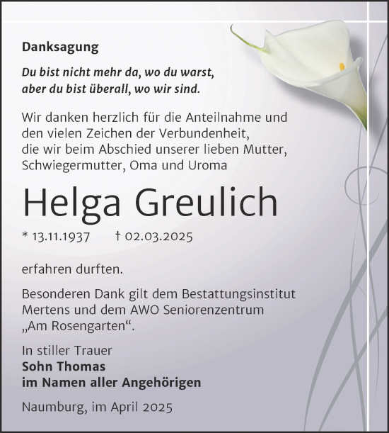 Traueranzeige von Helga Greulich von Naumburger Tageblatt