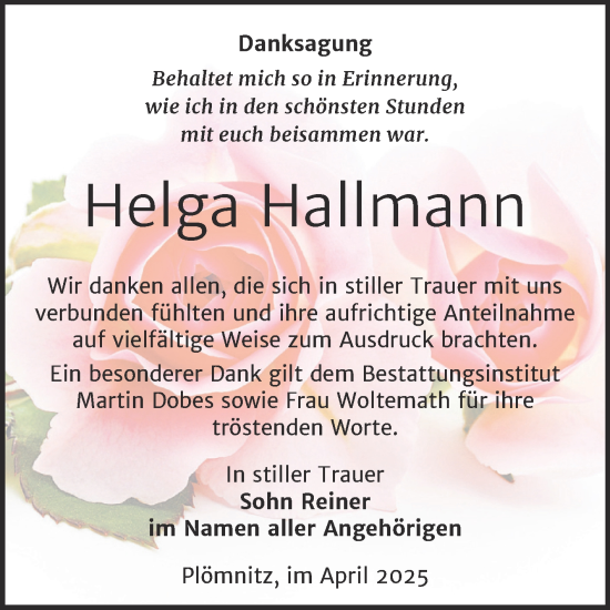 Traueranzeige von Helga Hallmann von Trauerkombi Bernburg