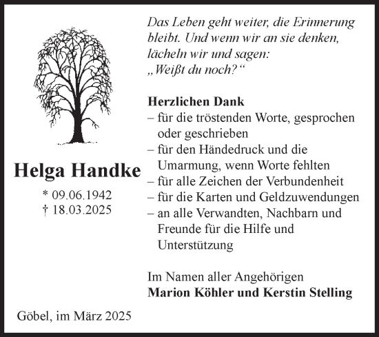 Traueranzeige von Helga Handke von Volksstimme Zerbst