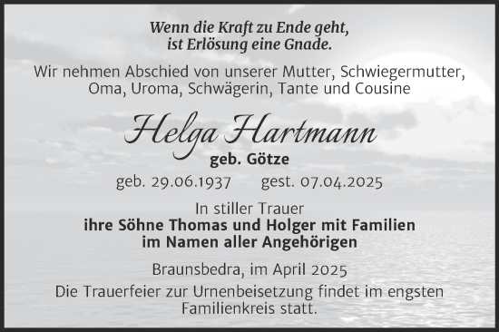 Traueranzeige von Helga Hartmann von Trauerkombi Merseburg