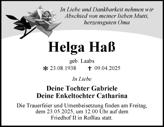 Traueranzeige von Helga Haß von Trauerkombi Dessau
