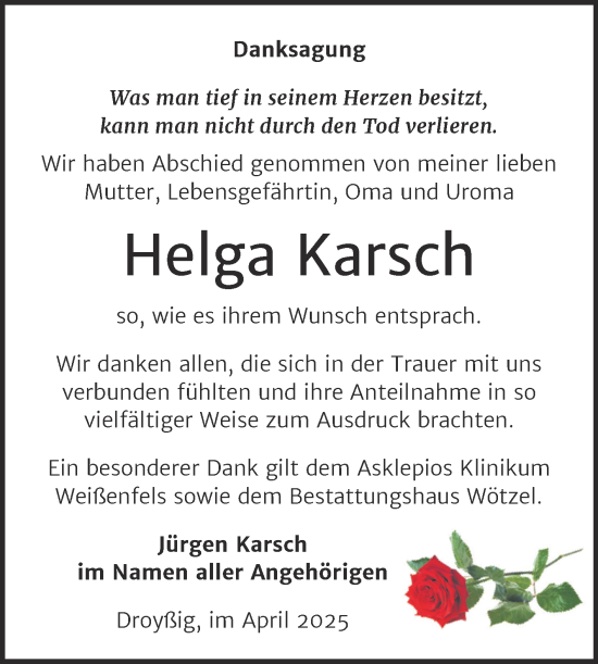 Traueranzeige von Helga Karsch von Trauerkombi Zeitz