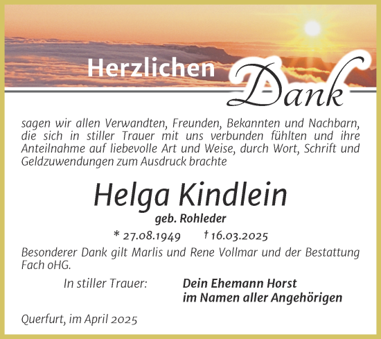 Traueranzeige von Helga Kindlein von Trauerkombi Merseburg