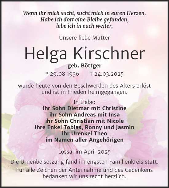 Traueranzeige von Helga Kirschner von Super Sonntag Naumburg/Nebra