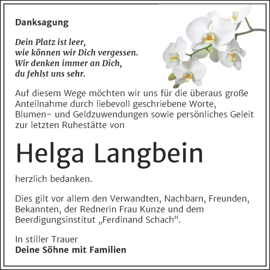 Traueranzeige von Helga Langbein von Trauerkombi Wittenberg
