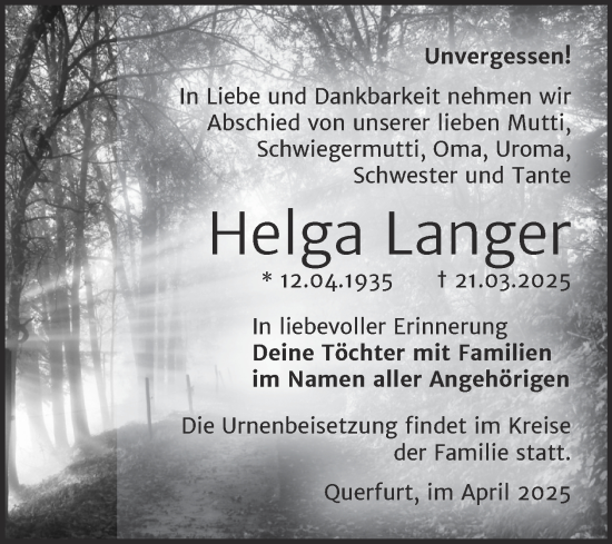 Traueranzeige von Helga Langer von Trauerkombi Merseburg