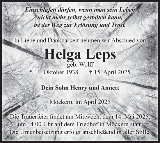 Traueranzeige von Helga Leps von Volksstimme Burg/Genthin