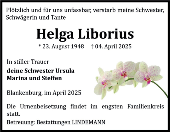 Traueranzeige von Helga Liborius von Volksstimme Wernigerode
