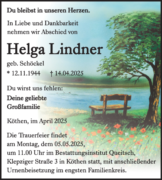 Traueranzeige von Helga Lindner von Trauerkombi Köthen