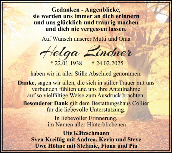 Traueranzeige von Helga Lindner von Trauerkombi Dessau