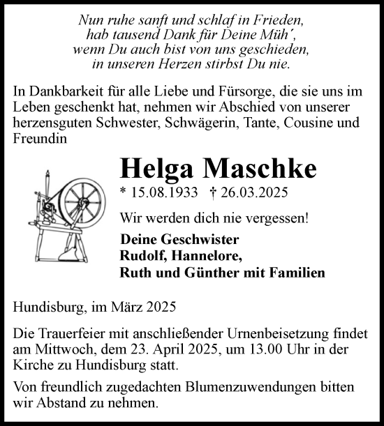 Traueranzeige von Helga Maschke von Volksstimme Haldensleben/Wolmirstedt