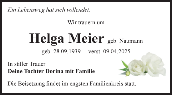 Traueranzeige von Helga Meier von Volksstimme Burg/Genthin