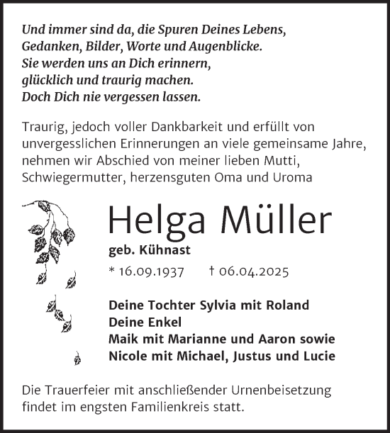 Traueranzeige von Helga Müller von Trauerkombi Wittenberg